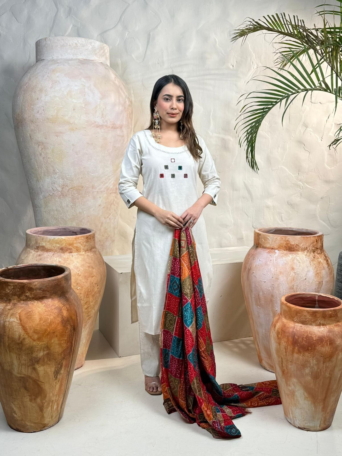 White Khadi Flex Cotton Embroidered Suit Set